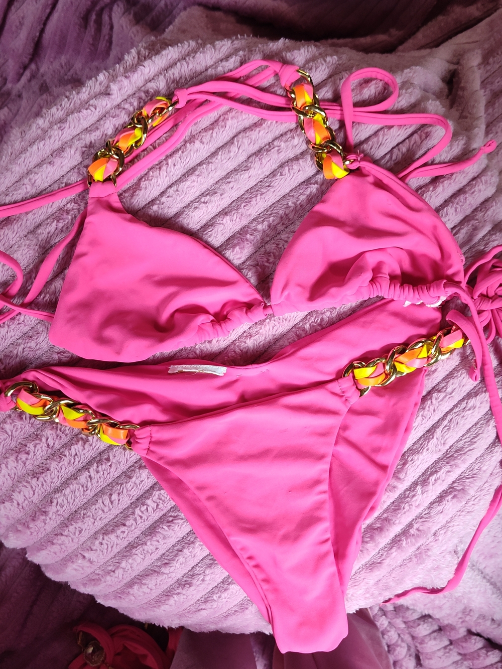 Beach Bunny Hot Pink Bikini with Gold Chain Accents
